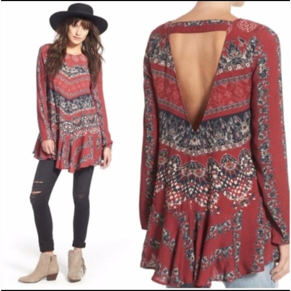 Free People Smooth Talker Floral Long Sleeve Swing Tunic Red Size XS Boho Chic - Picture 2 of 15